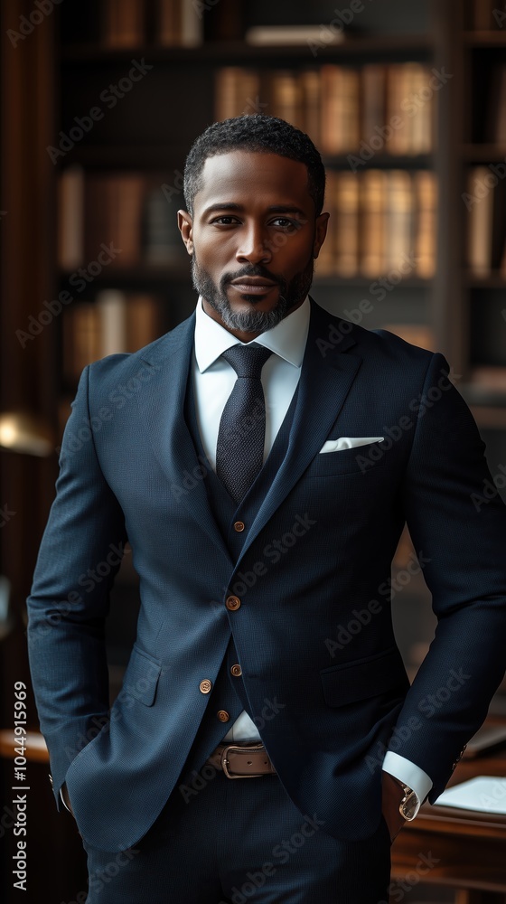 A lawyer exudes professionalism in a sophisticated library office. He is dressed in a dark suit and carefully considers his cases, surrounded by law books A lawyer exudes professionalism in a sophisticated library office. He is dressed in a dark suit and carefully considers his cases, surrounded by law books