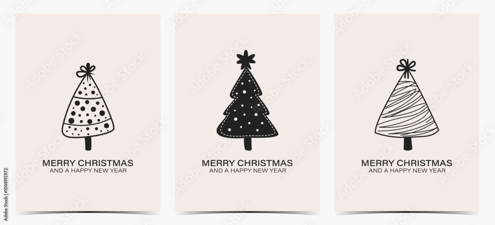 Merry Christmas - set of black and white Christmas greeting cards, postcards, invitations with unique Christmas trees on beige background, vector illustration Merry Christmas - set of black and white Christmas greeting cards, postcards, invitations with unique Christmas trees on beige background, vector illustration