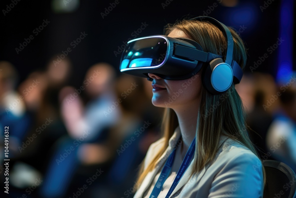 A person wearing a virtual reality headset in a crowd, with people surrounding her A person wearing a virtual reality headset in a crowd, with people surrounding her