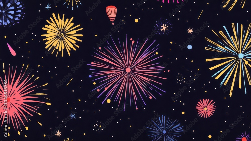 Flat illustration of a fireworks display in bright, bold shapes and colors with stars and swirls against a dark festive background. Diwali