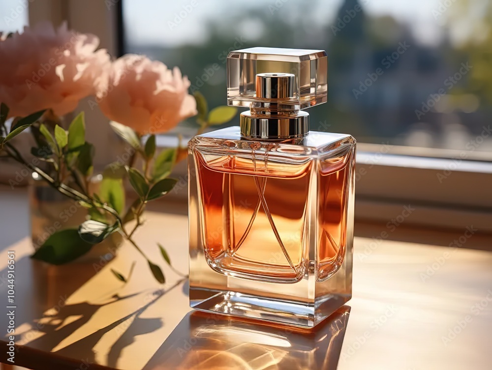 A bottle of perfume, with its square shape and cap, sits on the table. The shadow cast by sunlight creates soft lighting effects around it. It is centered in an ultra-high-definition image against 