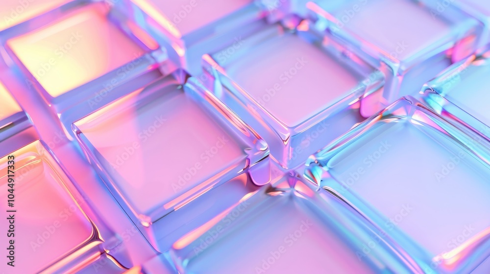 Vibrant Geometric Harmony, a captivating 3D design featuring translucent glass shapes in a violet, pink, and blue gradient, creating an abstract, modern atmosphere.