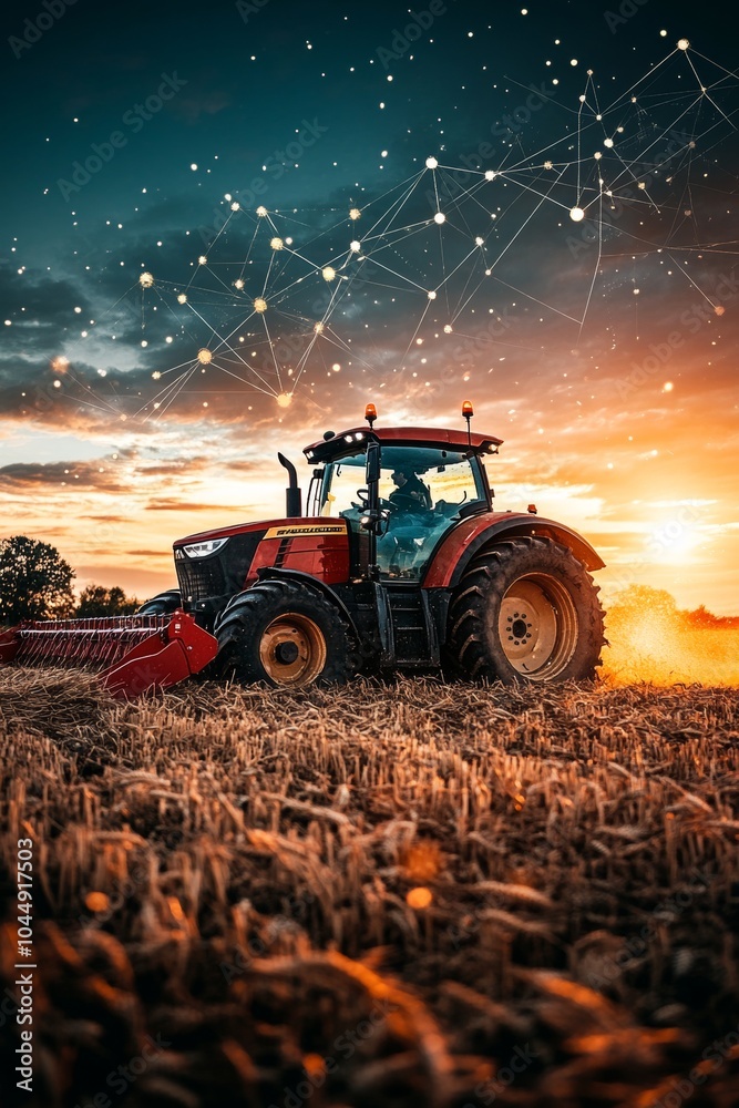 Red Tractor in Wheat Field at Sunset, Modern Agriculture Technology and Innovation Concept. Red Tractor in Wheat Field at Sunset, Modern Agriculture Technology and Innovation Concept.