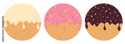 Round waffles set with glaze,pink glaze,vanila glaze,chocolate glaze.Vector illustration.