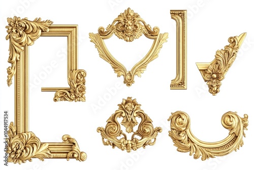 A collection of ornate gold frames on a plain white background, perfect for use in designs related to luxury, elegance and sophistication photo