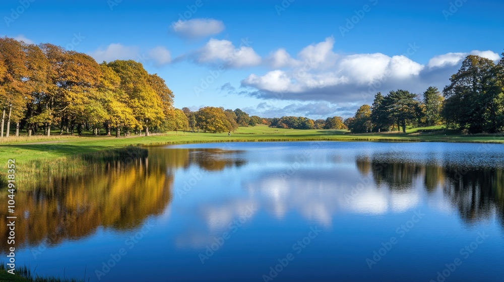 A serene lake surrounded by lush greenery and flanked by tall trees, perfect for a peaceful escape A serene lake surrounded by lush greenery and flanked by tall trees, perfect for a peaceful escape