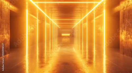 Golden-lit minimalist room with glowing lines guiding to a central stage. Futuristic atmosphere, clean angles, and reflective surfaces