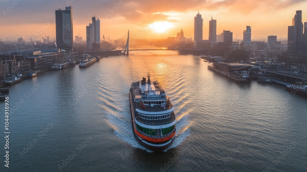 Naklejka premium Ferry Navigating River at Sunrise with City Skyline