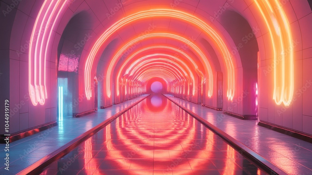Obraz premium High-tech mirrored hall with perfect symmetry, illuminated by glowing neon arches, creating endless reflections and an otherworldly futuristic scene
