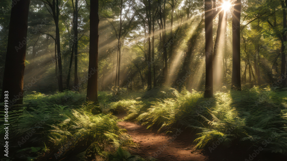 Lush green forest with sun rays shining through the trees Lush green forest with sun rays shining through the trees