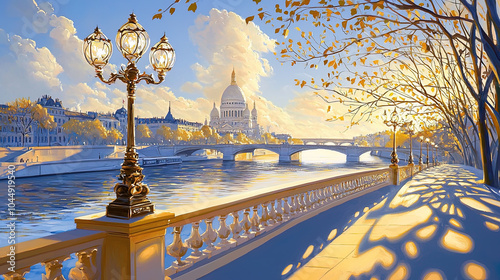 Fototapeta Naklejka Na Ścianę i Meble -  Impressionism painting, landscape of a river in an European city