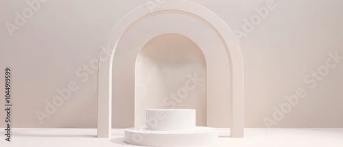 Greeting arch frame with cosmetics display, minimalist design, white background, exhibition pedestal, ideal for promotional events and advertising opportunities.
