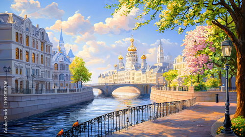 Fototapeta Naklejka Na Ścianę i Meble -  Impressionism painting, landscape of a river in an European city