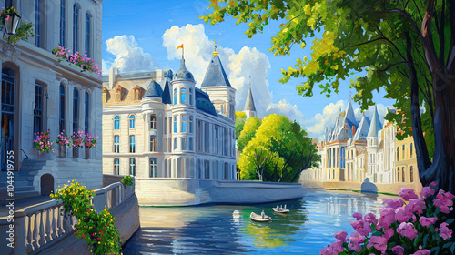 Fototapeta Naklejka Na Ścianę i Meble -  Impressionism painting, landscape of a river in an European city