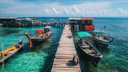 Serene Coastal Dock with Colorful Fishing Boats