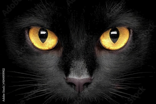 Intense gaze of black cat with striking yellow eyes