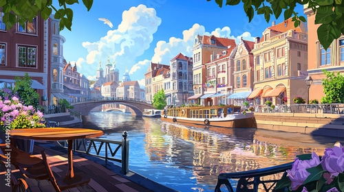 Fototapeta Naklejka Na Ścianę i Meble -  Impressionism painting, landscape of a river in an European city