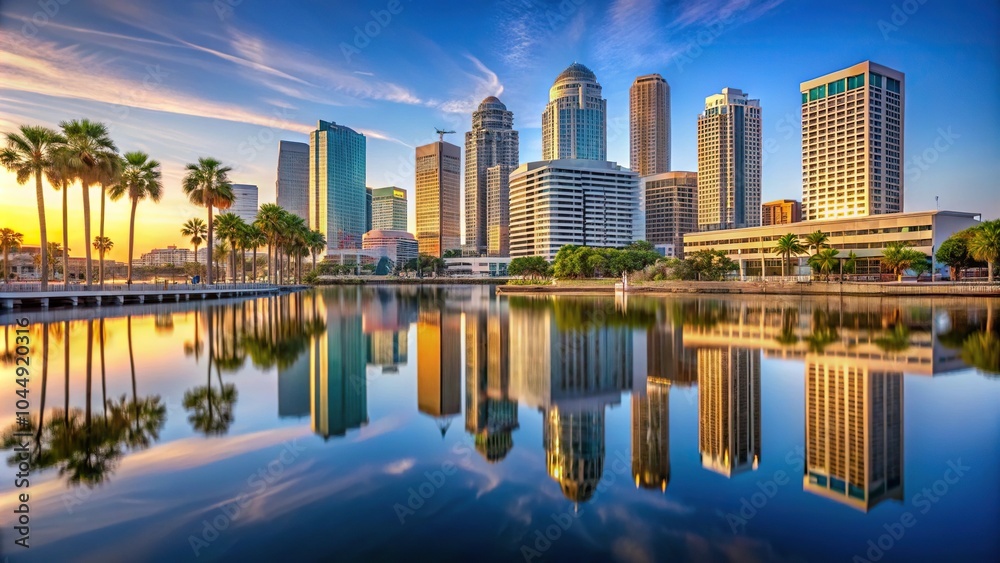 Obraz premium Skyline reflection on water with palm trees