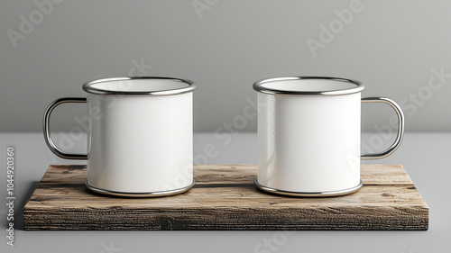 Glossy White Enamel Mugs Featuring Silver Trim, Placed on a Rustic Square Burnt Wood Bar..