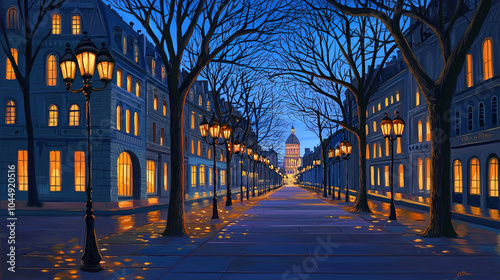 Fototapeta Naklejka Na Ścianę i Meble -  Impressionism painting, landscape of a street in Europe at night