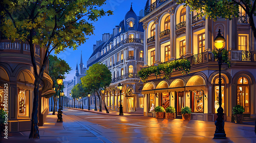 Fototapeta Naklejka Na Ścianę i Meble -  Impressionism painting, landscape of a street in Europe at night