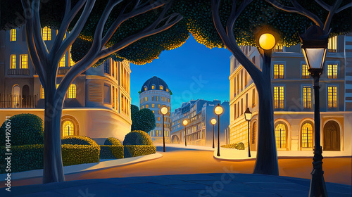 Fototapeta Naklejka Na Ścianę i Meble -  Impressionism painting, landscape of a street in Europe at night