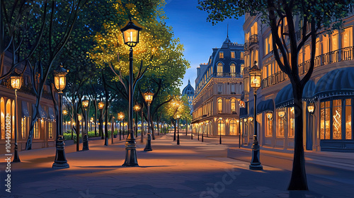 Fototapeta Naklejka Na Ścianę i Meble -  Impressionism painting, landscape of a street in Europe at night