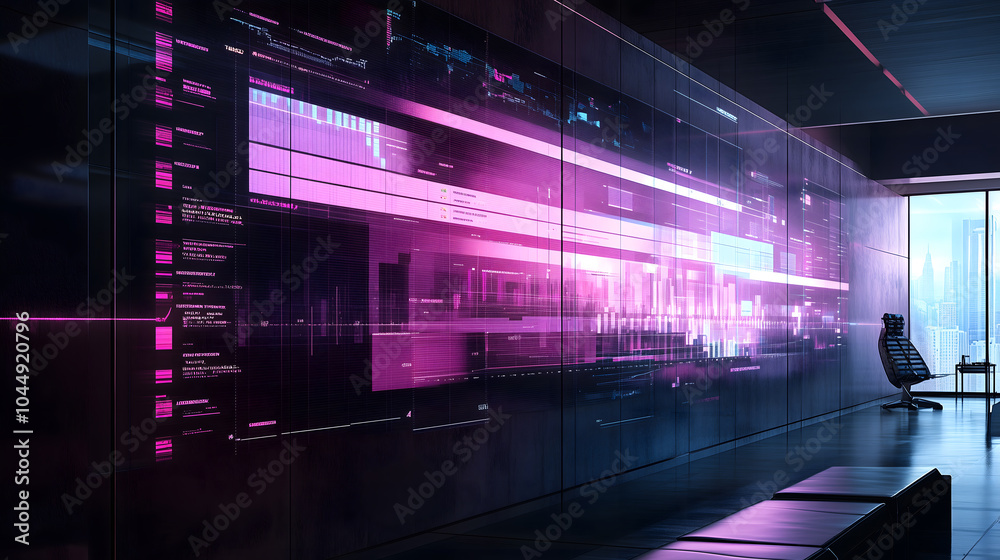 bright, giant display with a project plan, gantt, high tech, magenta details