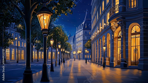 Fototapeta Naklejka Na Ścianę i Meble -  Impressionism painting, landscape of a street in Europe at night