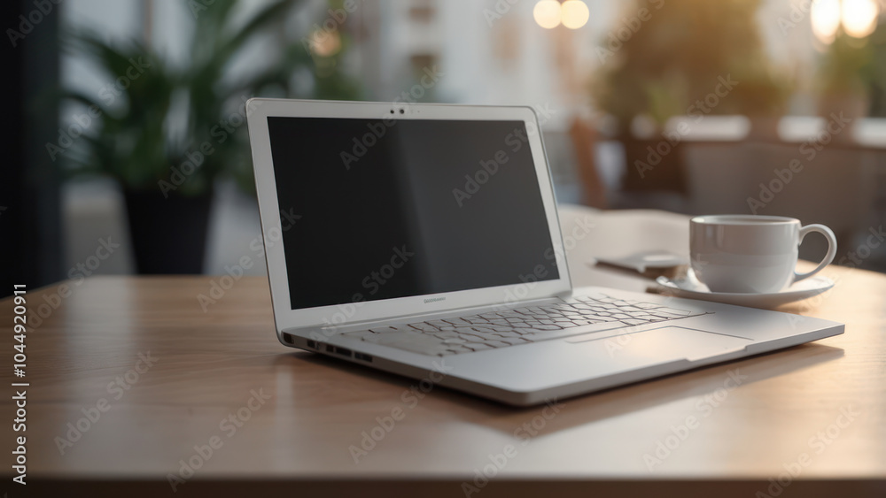 Modern minimalist office workspace with a laptop, notebook, and coffee cup on a sleek desk