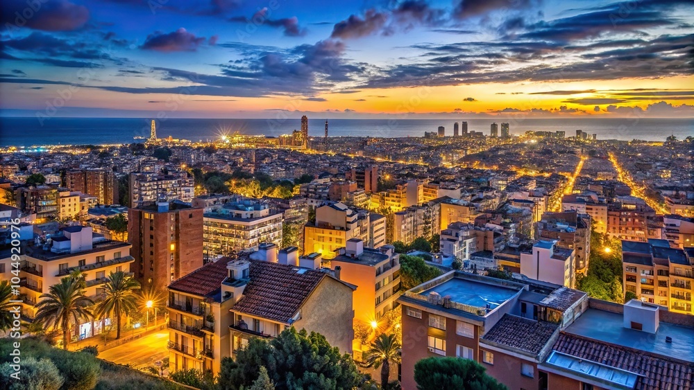 Fototapeta premium Skyline timelapse of Barcelona and Badalona with sea at night