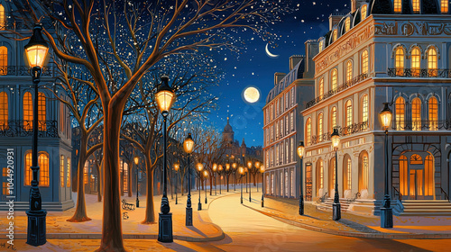 Fototapeta Naklejka Na Ścianę i Meble -  Impressionism painting, landscape of a street in Europe at night