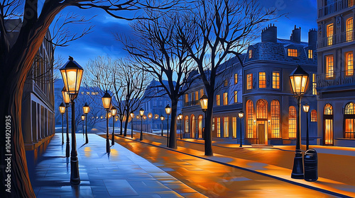 Fototapeta Naklejka Na Ścianę i Meble -  Impressionism painting, landscape of a street in Europe at night