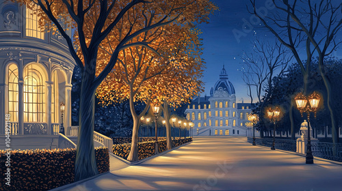 Fototapeta Naklejka Na Ścianę i Meble -  Impressionism painting, landscape of a street in Europe at night