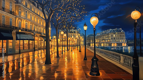 Fototapeta Naklejka Na Ścianę i Meble -  Impressionism painting, landscape of a street in Europe at night