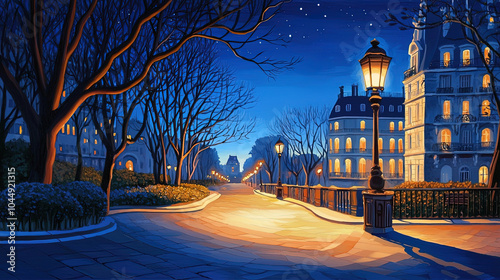 Fototapeta Naklejka Na Ścianę i Meble -  Impressionism painting, landscape of a street in Europe at night