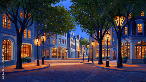 Fototapeta Naklejka Na Ścianę i Meble -  Impressionism painting, landscape of a street in Europe at night