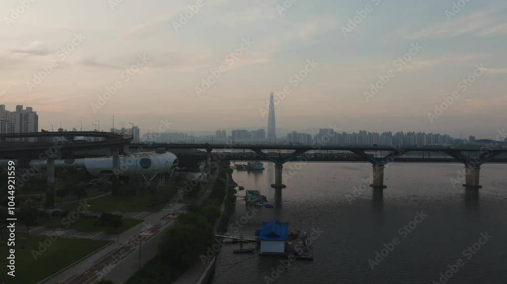 Morning Glow Over Seoul’s Han River - Bridge with Subway and Roadway Scene Morning Glow Over Seoul’s Han River - Bridge with Subway and Roadway Scene