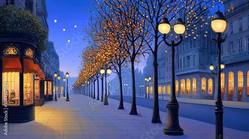 Fototapeta Naklejka Na Ścianę i Meble -  Impressionism painting, landscape of a street in Europe at night