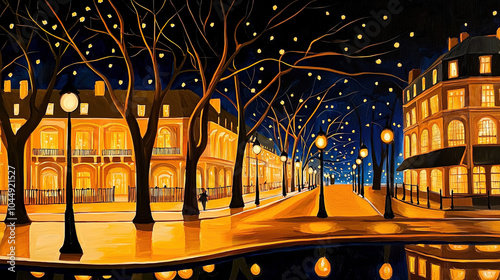 Fototapeta Naklejka Na Ścianę i Meble -  Impressionism painting, landscape of a street in Europe at night