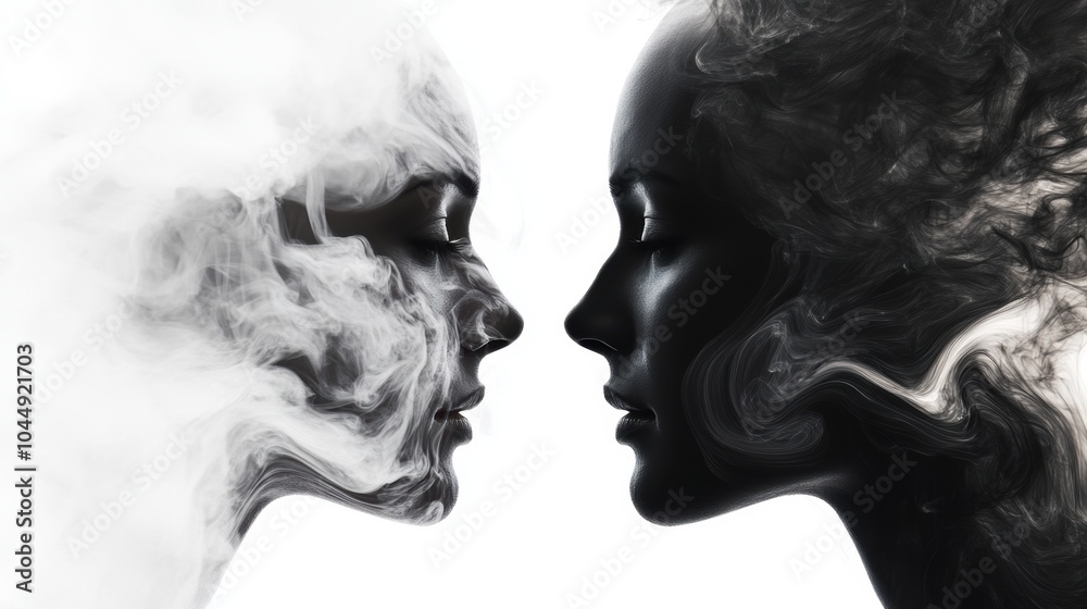 Two faces in profile, one calm and the other distressed, illustrating the contrast of emotional states.