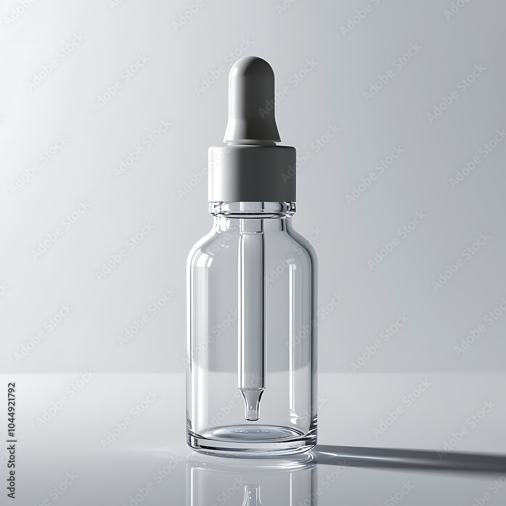 A transparent glass dropper bottle with a precision nozzle and a white cap, isolated against a pure white background, with a subtle gradient to enhance the contours of the object, lit by a soft.