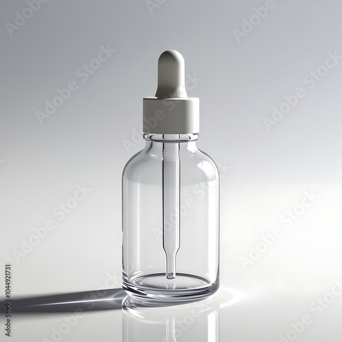 A transparent glass dropper bottle with a precision nozzle and a white cap, isolated against a pure white background, with a subtle gradient to enhance the contours of the object, lit by a soft.