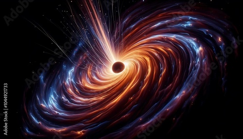 A captivating depiction of a black hole swirling with vibrant colors of fiery orange and cool blue. This cosmic vortex creates a mesmerizing space scene, illustrating the immense power of gravitationa