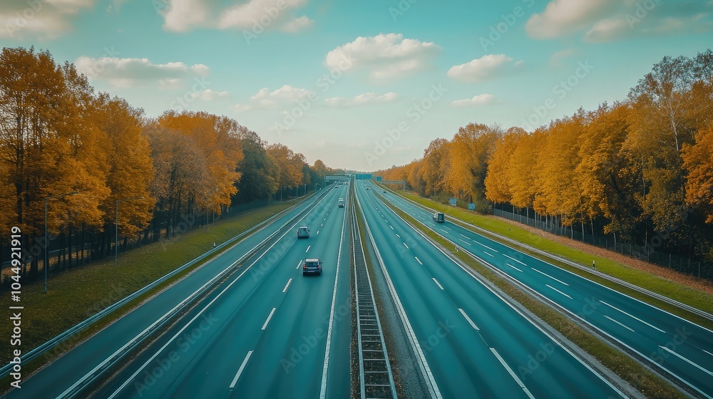 Fototapeta premium Scenic Autumn Highway with Colorful Trees Alongside
