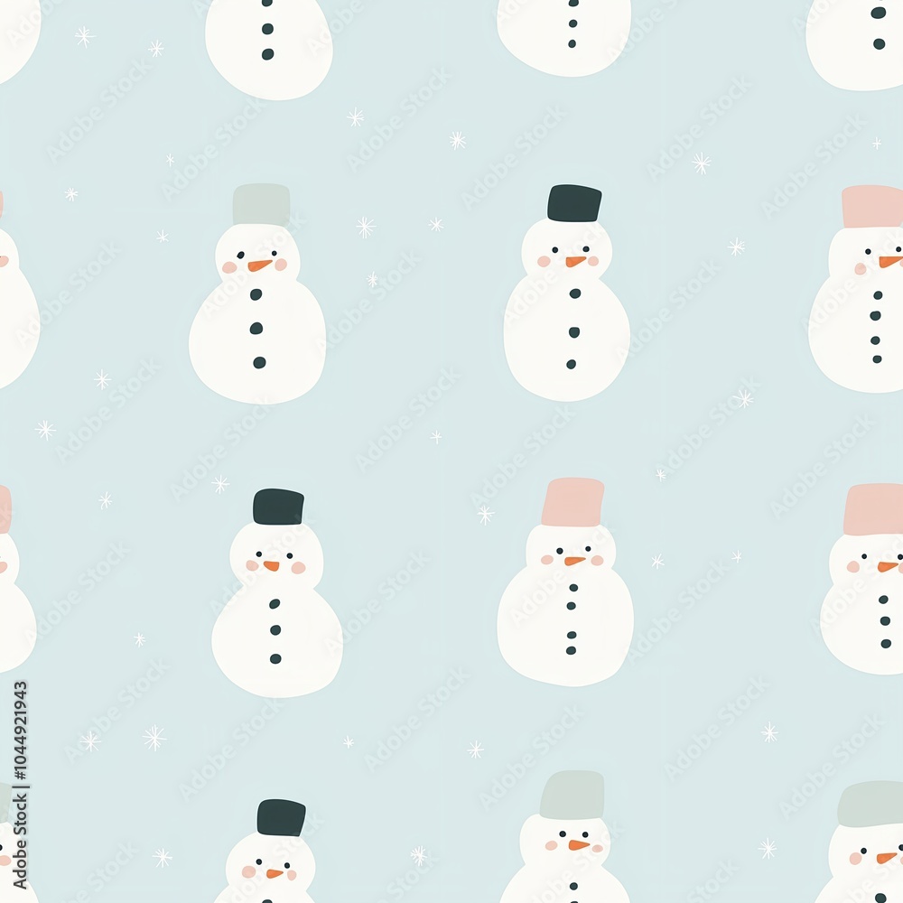 Seamless Pattern of Cute Snowmen with Hats on a Light Blue Background for Winter and Christmas Designs Seamless Pattern of Cute Snowmen with Hats on a Light Blue Background for Winter and Christmas Designs