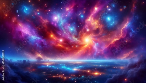 Stunning cosmic nebula bursting with vibrant colors, blending purples, reds, and blues. A swirling galactic landscape filled with stars, celestial bodies, and glowing clouds of gas, creating a dreamli