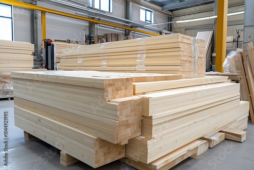 Stacked Timber Boards for Industrial Woodworking and Construction Projects in a Workshop photo