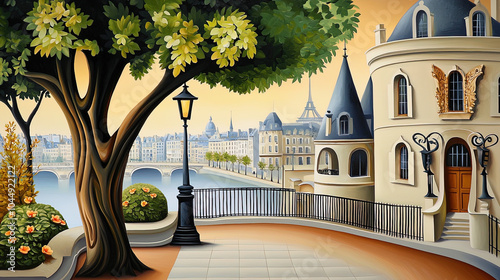 Fototapeta Naklejka Na Ścianę i Meble -  Impressionism painting, landscape of a street in Europe