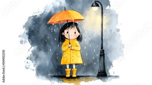 A little girl in yellow raincoat and boots holding an umbrella stands under the street lamp, with water droplets on her face, black ink painting style